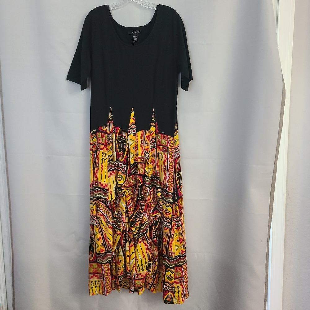 NWT Midnight Velvet Sz L Black Stretchy Top Multicolor Bottom Midi Dress